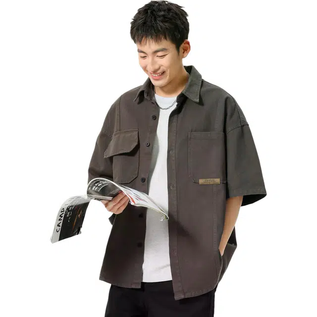 米素力 纯棉轻奢高级感纯色落肩袖短袖翻领宽松型衬衫 男款