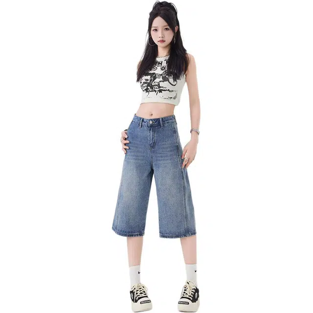 艾格 小个子高腰宽松显瘦阔腿中裤美式高街七分裤复古设计感牛仔短裤 女款