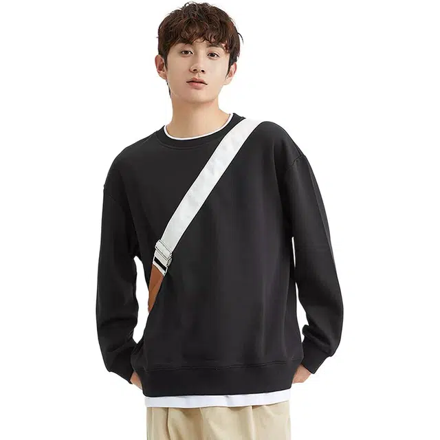 三福 简约假两件设计圆领纯色常规宽松型套头卫衣 男款