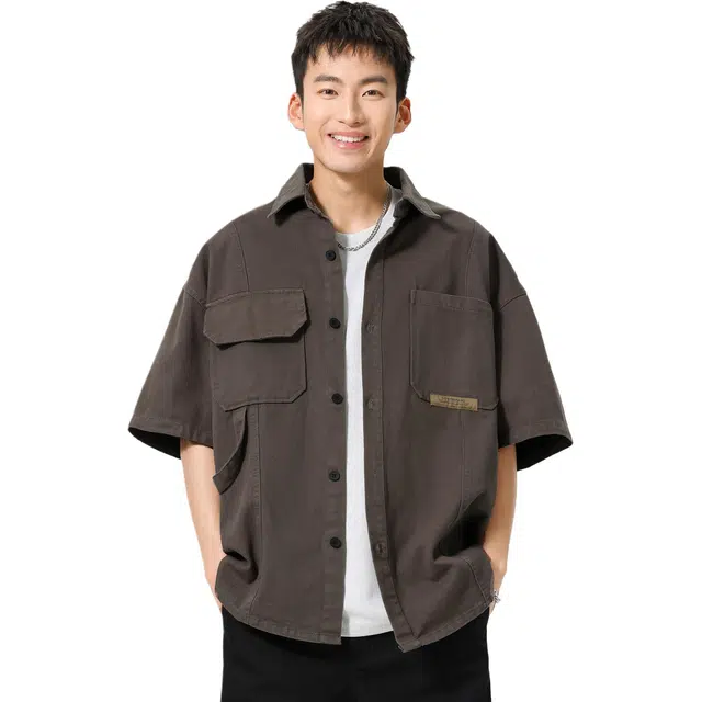 米素力 纯棉轻奢高级感纯色落肩袖短袖翻领宽松型衬衫 男款