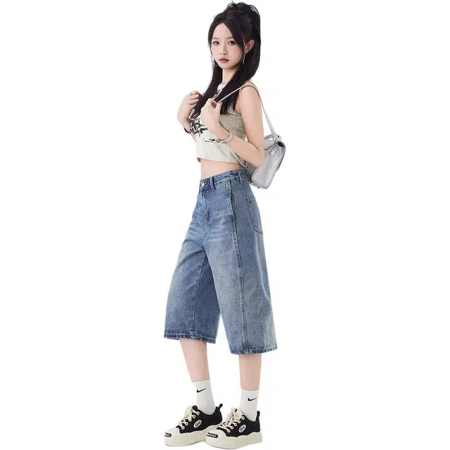 艾格 小个子高腰宽松显瘦阔腿中裤美式高街七分裤复古设计感牛仔短裤 女款