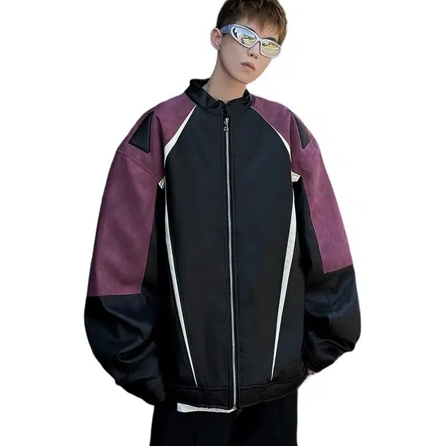 地界二 拼色外套男秋季美式高街帅气机车设计感嘻哈街头潮牌立领拼色秋季美式夹克 男款
