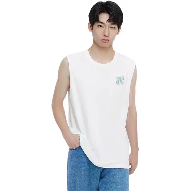棉的美学 纯棉印花无袖落肩袖圆领宽松型背心 男款