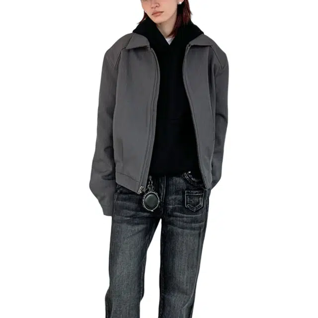 地界二 美式复古垫肩西装男秋季小众潮流设计高级感休闲拉链短款外套复古垫肩秋季纯色夹克 男款