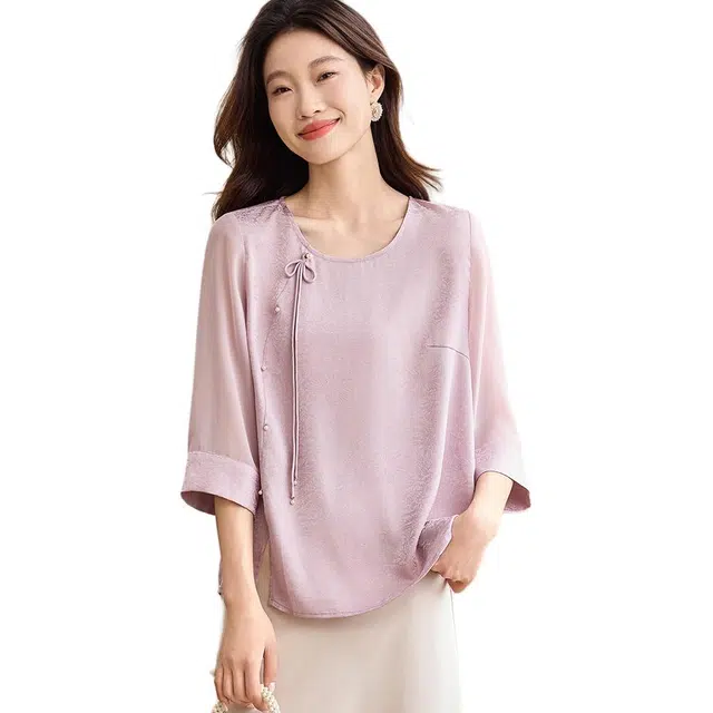 曲韩 雪纺纯色圆领七分袖衬衫 女款