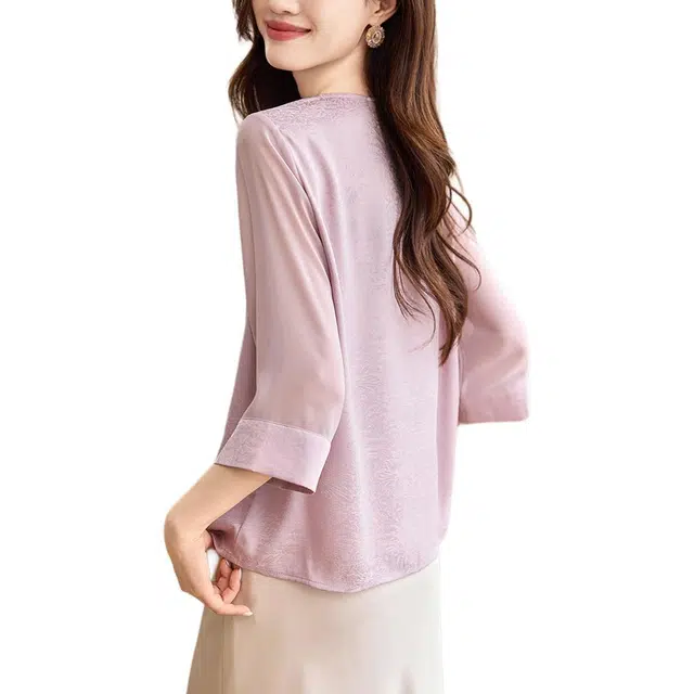 曲韩 雪纺纯色圆领七分袖衬衫 女款