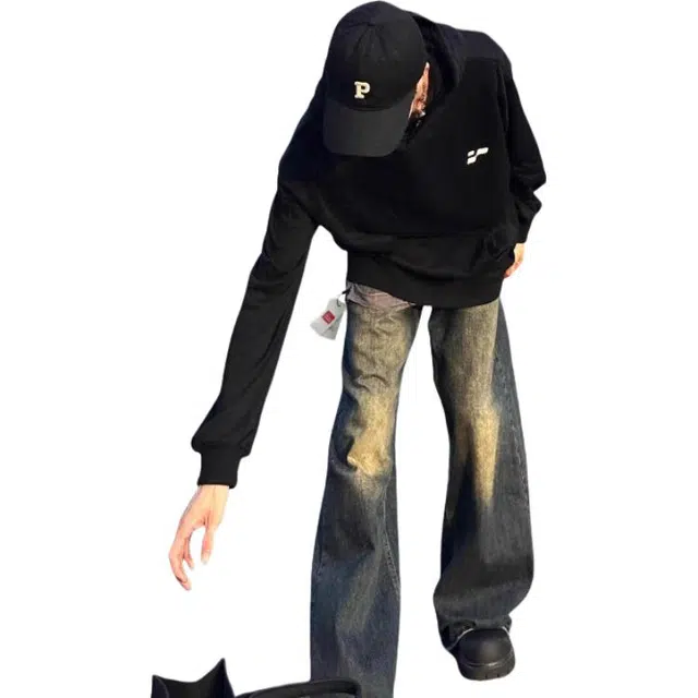 北极绒 高街复古百搭春秋季美式阔腿微喇长裤牛仔裤 男款