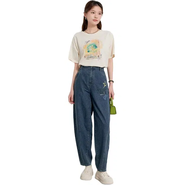熙然 印花活力自然腰长裤牛仔裤 女款