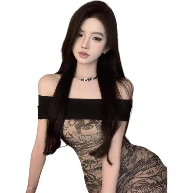 囍鱼少女  性感复古印花一字肩紧身收腰显瘦 女辣妹高级感包臀短裙无袖连衣裙 女款
