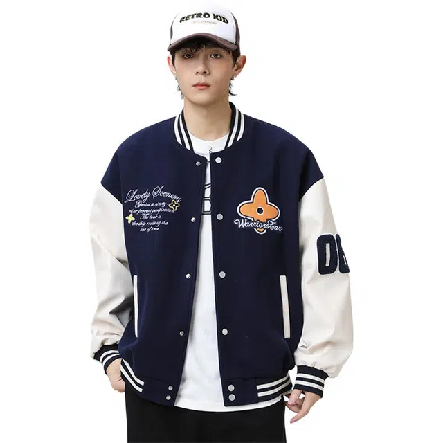 北极绒 徽章拼接撞色棒球服外套男秋季新美式重磅宽松夹克 男女同款