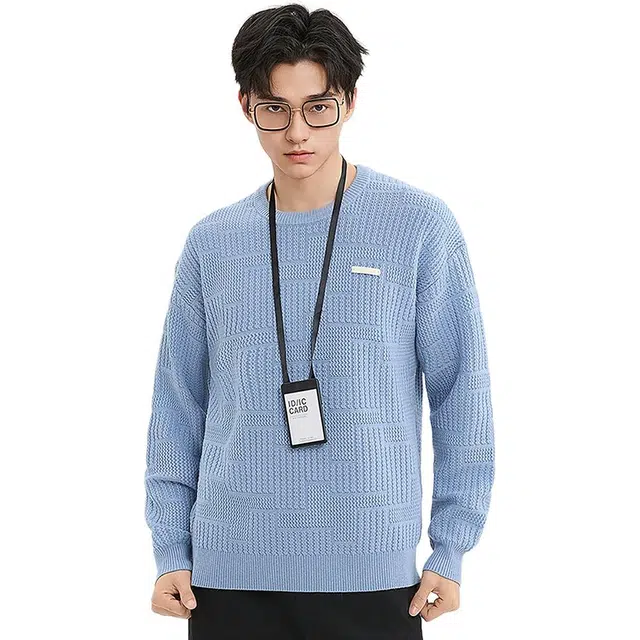 三福 肌理皮标都市时尚圆领长袖毛衣 男款