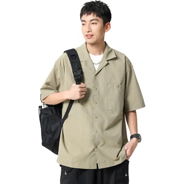 米素力 透气速干凉感格子落肩袖短袖古巴领宽松型衬衫 男款