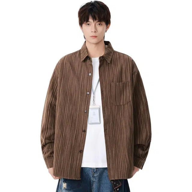 米素力 提花春秋季美式条纹落肩袖长袖潮衬衫 男女同款