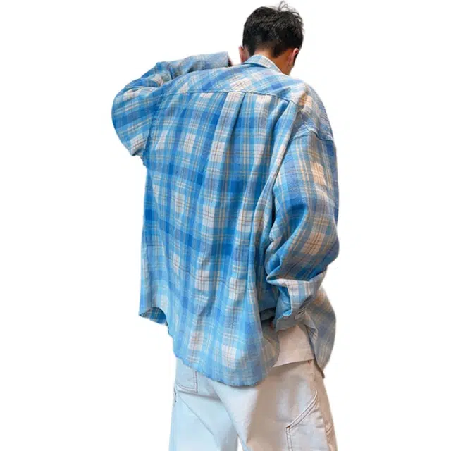 地界二 美式复古做旧毛边蓝色格子男秋季潮牌百搭休闲宽松长袖衬衣复古做旧毛边格子长袖潮衬衫 男款