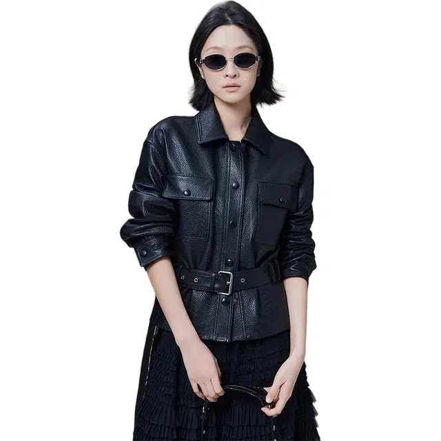 美洋 真皮简约腰带翻领排扣夹克 女款