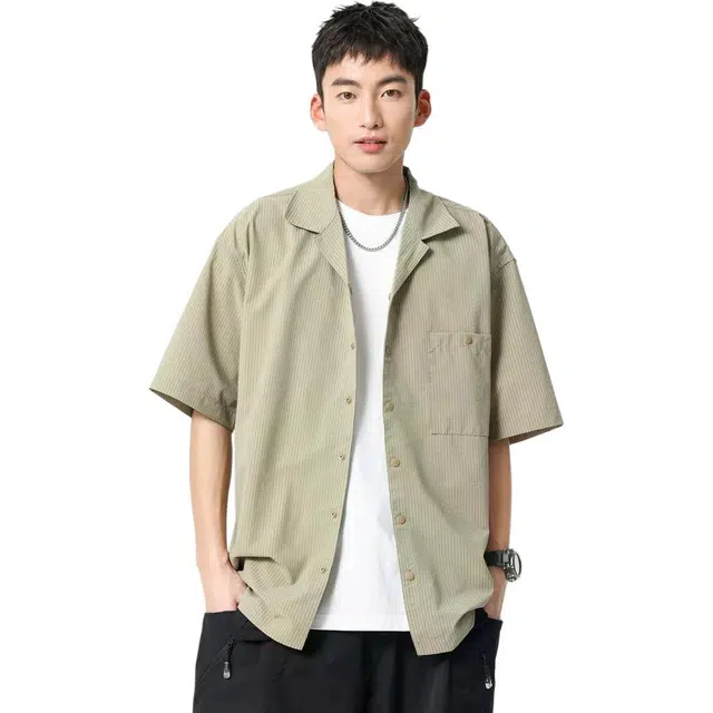 米素力 透气速干凉感格子落肩袖短袖古巴领宽松型衬衫 男款