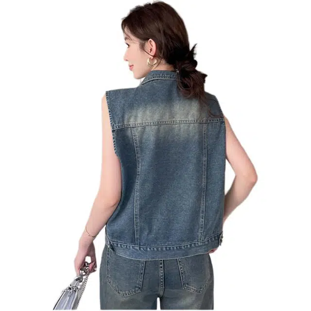 敲模女孩 美式复古高级感气质百搭短款无袖马甲牛仔外套 女款