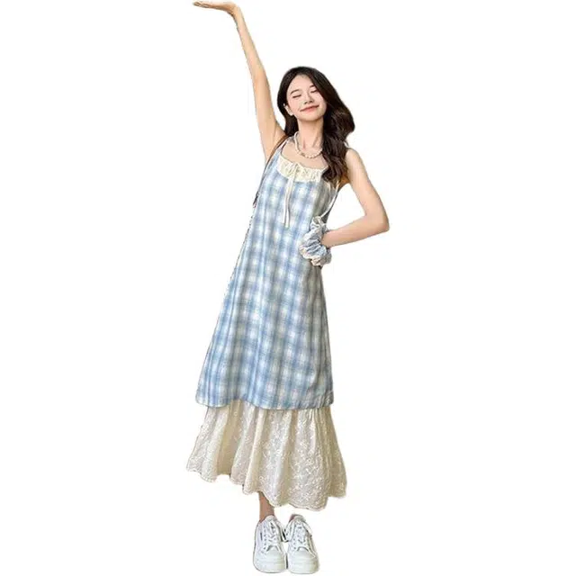 一碗士多 夏季假两件拼接蕾丝小众设计长裙格纹森女潮流百搭吊带连衣裙 女款
