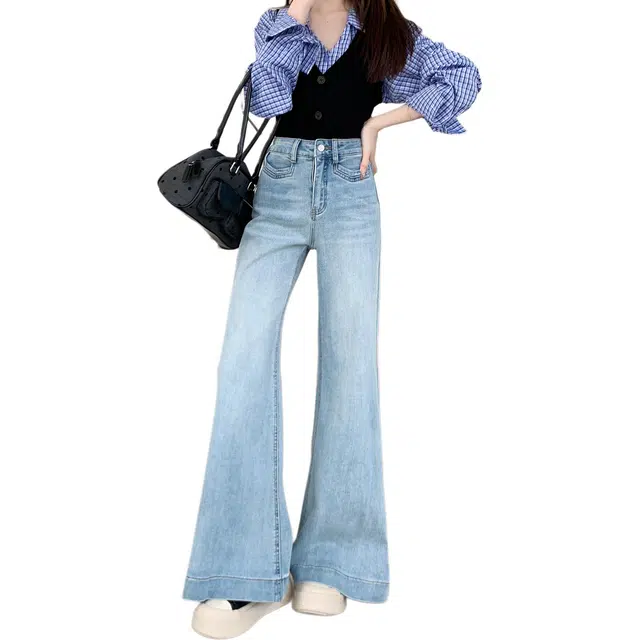 黛尔佳人 高腰长裤直筒宽松设计感阔腿大裤脚拖地裤子牛仔裤 女款