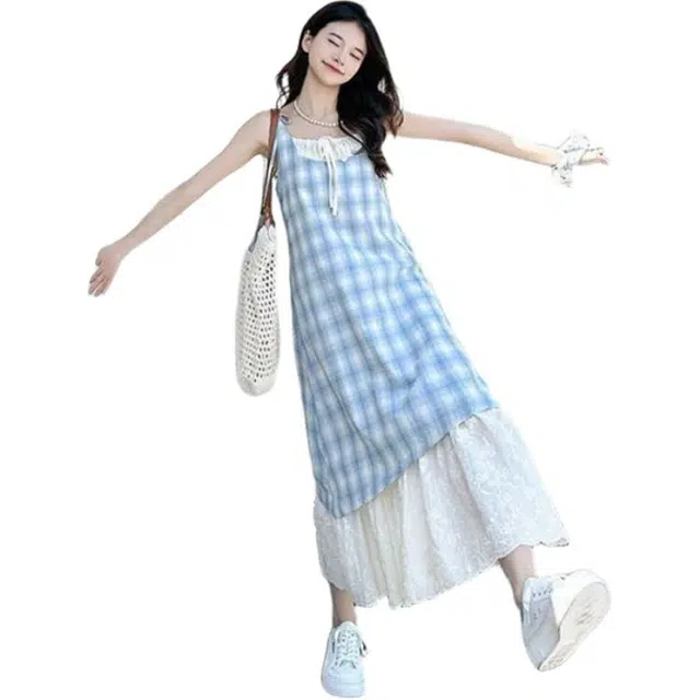 一碗士多 夏季假两件拼接蕾丝小众设计长裙格纹森女潮流百搭吊带连衣裙 女款