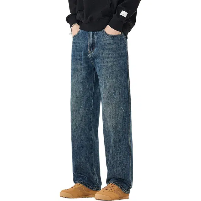 希越 直筒宽松美式高街复古水洗大码阔腿牛仔裤 男款