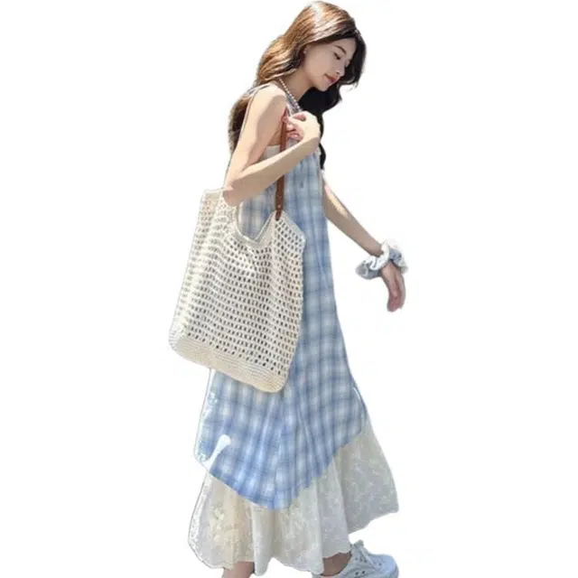 一碗士多 夏季假两件拼接蕾丝小众设计长裙格纹森女潮流百搭吊带连衣裙 女款