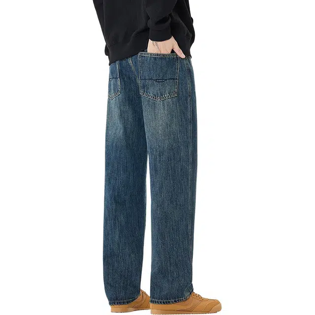 希越 直筒宽松美式高街复古水洗大码阔腿牛仔裤 男款
