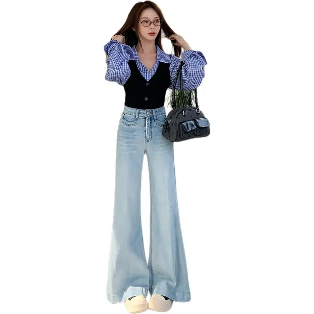 黛尔佳人 高腰长裤直筒宽松设计感阔腿大裤脚拖地裤子牛仔裤 女款