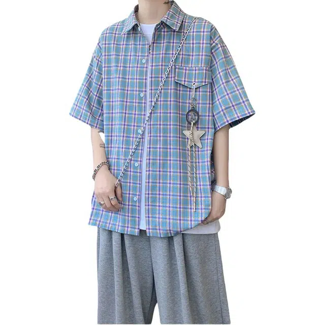 加荣 美式格纹休闲夏季轻薄透气潮牌青少年户外出行通勤百搭宽松慵懒风情侣衬衣短袖衬衫 男女同款