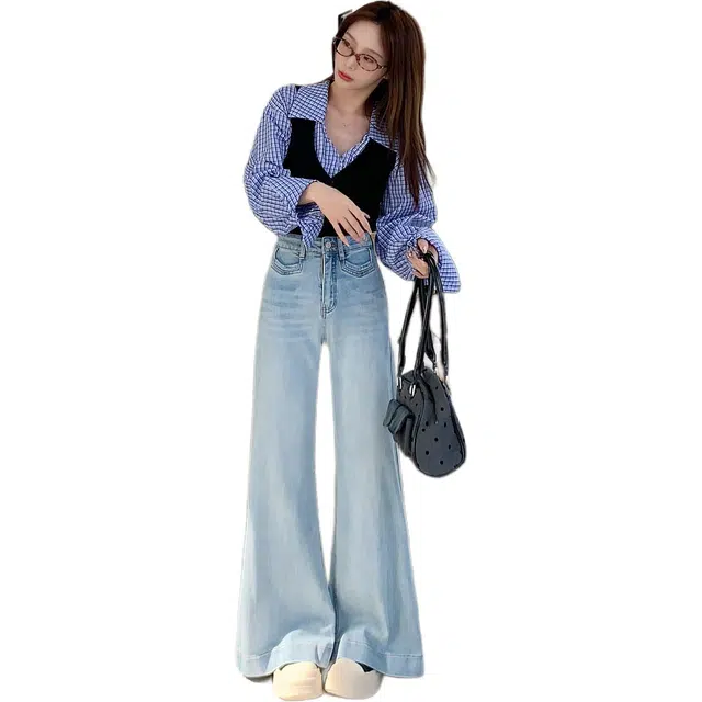 黛尔佳人 高腰长裤直筒宽松设计感阔腿大裤脚拖地裤子牛仔裤 女款