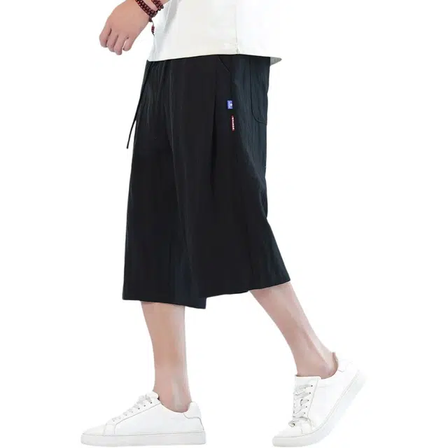 顶峰保罗 新中式莱赛尔潮流痞帅纯色无性别主义宽松大码百搭七分运动健身裤弹力抽绳显高薄款直筒休闲短裤 男女同款