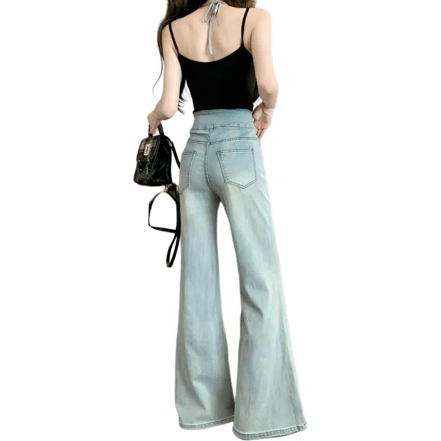 黛尔佳人 高腰直筒长裤两粒扣设计感宽松阔腿微喇裤子牛仔裤 女款