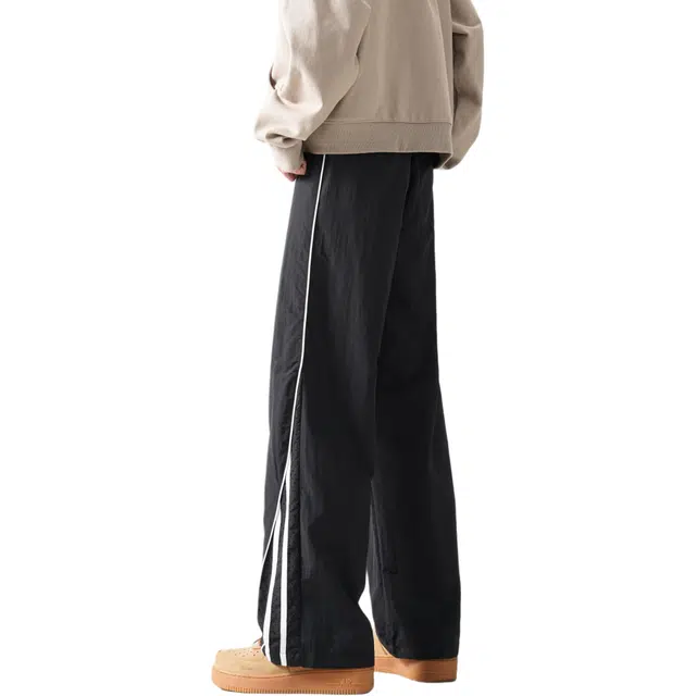 木林森 美式高街阔腿时尚潮流设计感宽松直筒条纹简约速干裤嘻哈街头日常户外通勤个性痞帅系带抽绳百搭休闲裤 男女同款