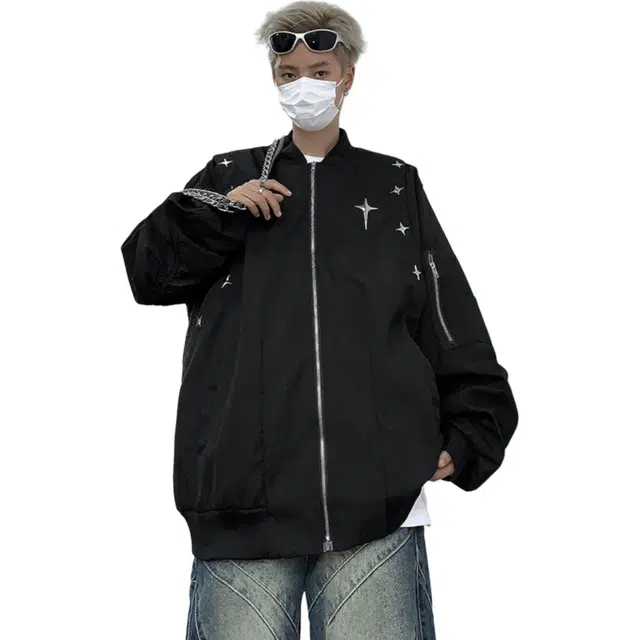 地界二 美式复古街头飞行员棒球服男潮牌宽松小众百搭休闲工装外套复古街头飞行员纯色收口夹克 男款