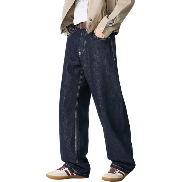 米素力 高级感轻奢宽松纯色休闲中腰牛仔裤 男女同款