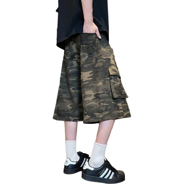 加荣 美式高街多口袋迷彩七分裤裤男夏季轻薄透气潮牌青少年日常出行百搭男裤宽松休闲小众设计直筒阔腿外穿牛仔短裤 男女同款