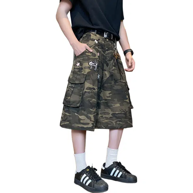 加荣 美式高街多口袋迷彩七分裤裤男夏季轻薄透气潮牌青少年日常出行百搭男裤宽松休闲小众设计直筒阔腿外穿牛仔短裤 男女同款