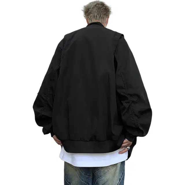 地界二 美式复古街头飞行员棒球服男潮牌宽松小众百搭休闲工装外套复古街头飞行员纯色收口夹克 男款