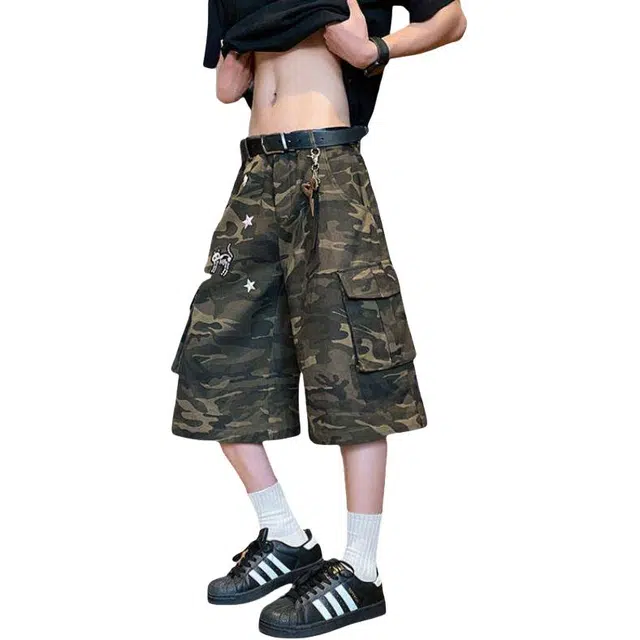 加荣 美式高街多口袋迷彩七分裤裤男夏季轻薄透气潮牌青少年日常出行百搭男裤宽松休闲小众设计直筒阔腿外穿牛仔短裤 男女同款