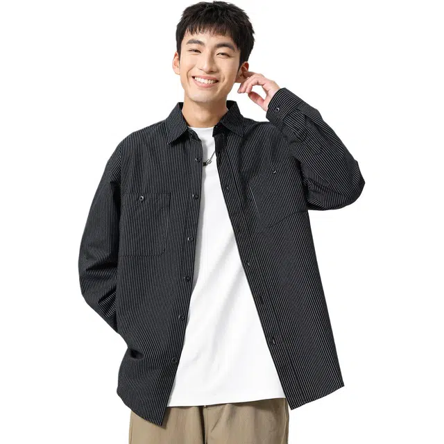 米素力 条纹百搭通勤落肩袖长袖美式衬衫 男女同款