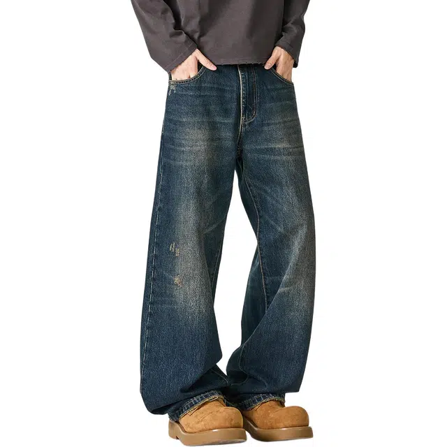 米素力 水洗做旧设计感小众渐变宽松复古中腰牛仔裤 男女同款