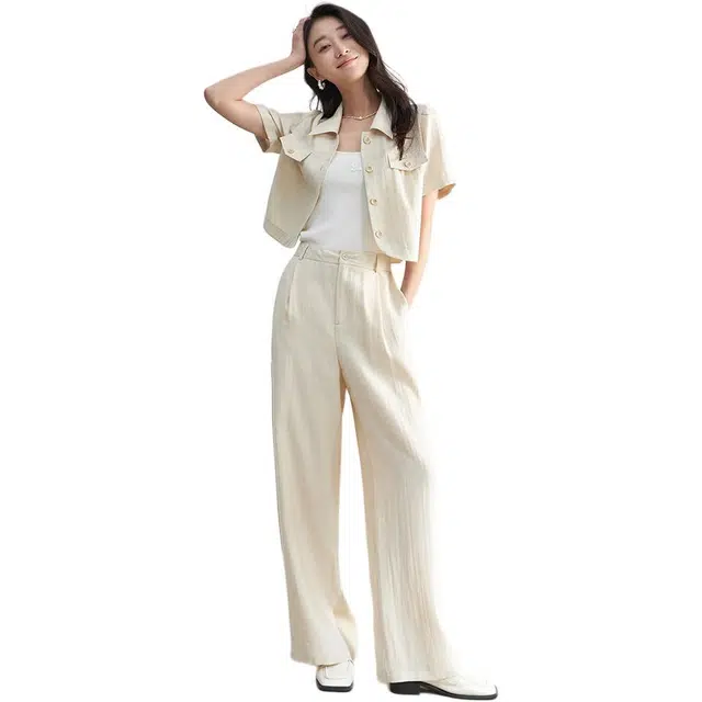 熙然 翻领短袖阔腿长裤衬衫套装 女款
