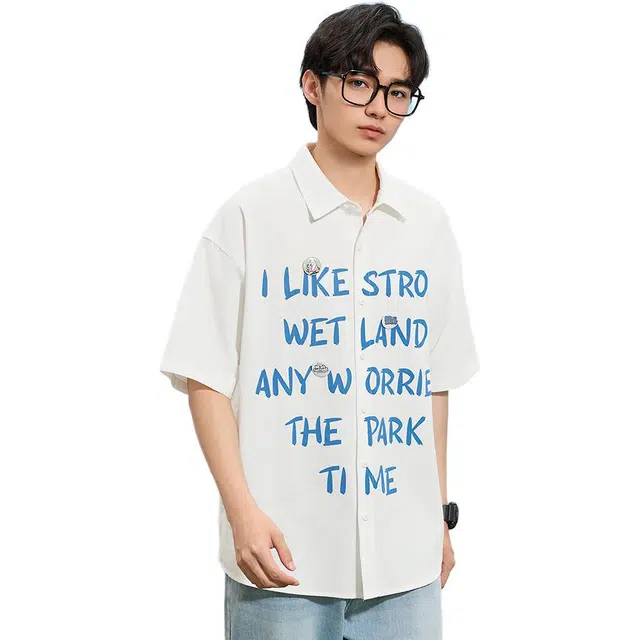 三福 字母图案休闲短袖翻领衬衫 男款