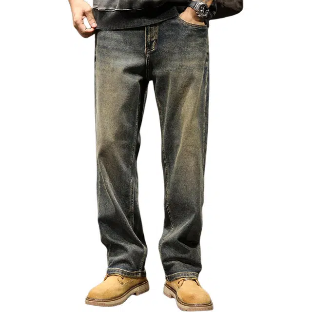 路杰邦 宽松直筒水洗休闲裤男士秋季美式复古潮牌阔腿大码裤子牛仔裤 男款