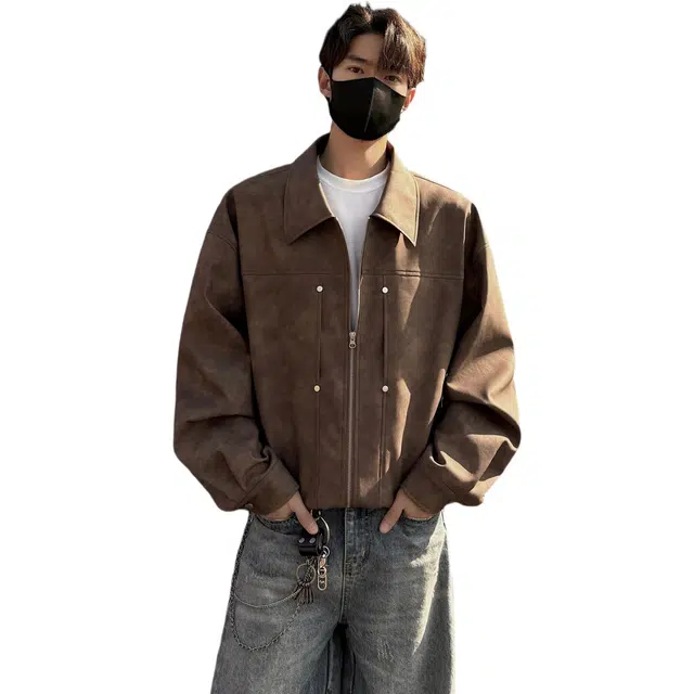 木林森 美式高街风重磅潮牌机车风宽松复古翻领无性别主义皮衣 男女同款