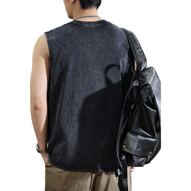 遨宇 美式极简痞帅潮牌未来中性主义做旧复古水洗重磅无袖夏季纯棉圆领运动宽松坎肩背心 男女同款