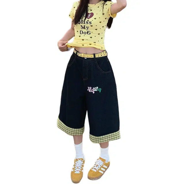 囍鱼少女 美式复古街头格纹拼接七分裤男女夏季显瘦百搭阔腿牛仔短裤 女款