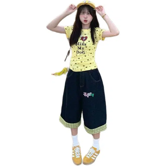 囍鱼少女 美式复古街头格纹拼接七分裤男女夏季显瘦百搭阔腿牛仔短裤 女款
