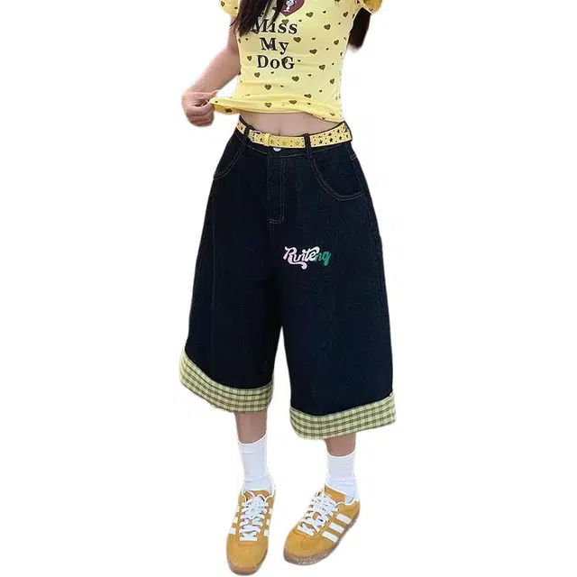 囍鱼少女 美式复古街头格纹拼接七分裤男女夏季显瘦百搭阔腿牛仔短裤 女款