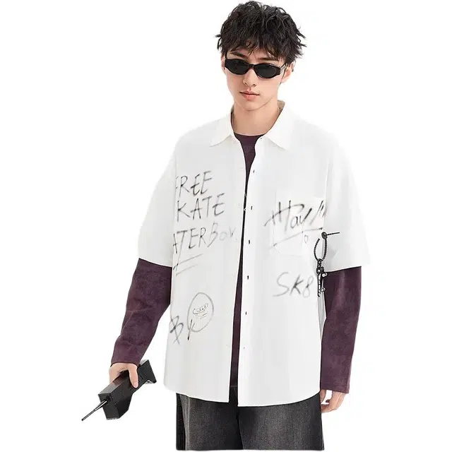 三福 涂鸦字母工装字母领短袖衬衫 男款